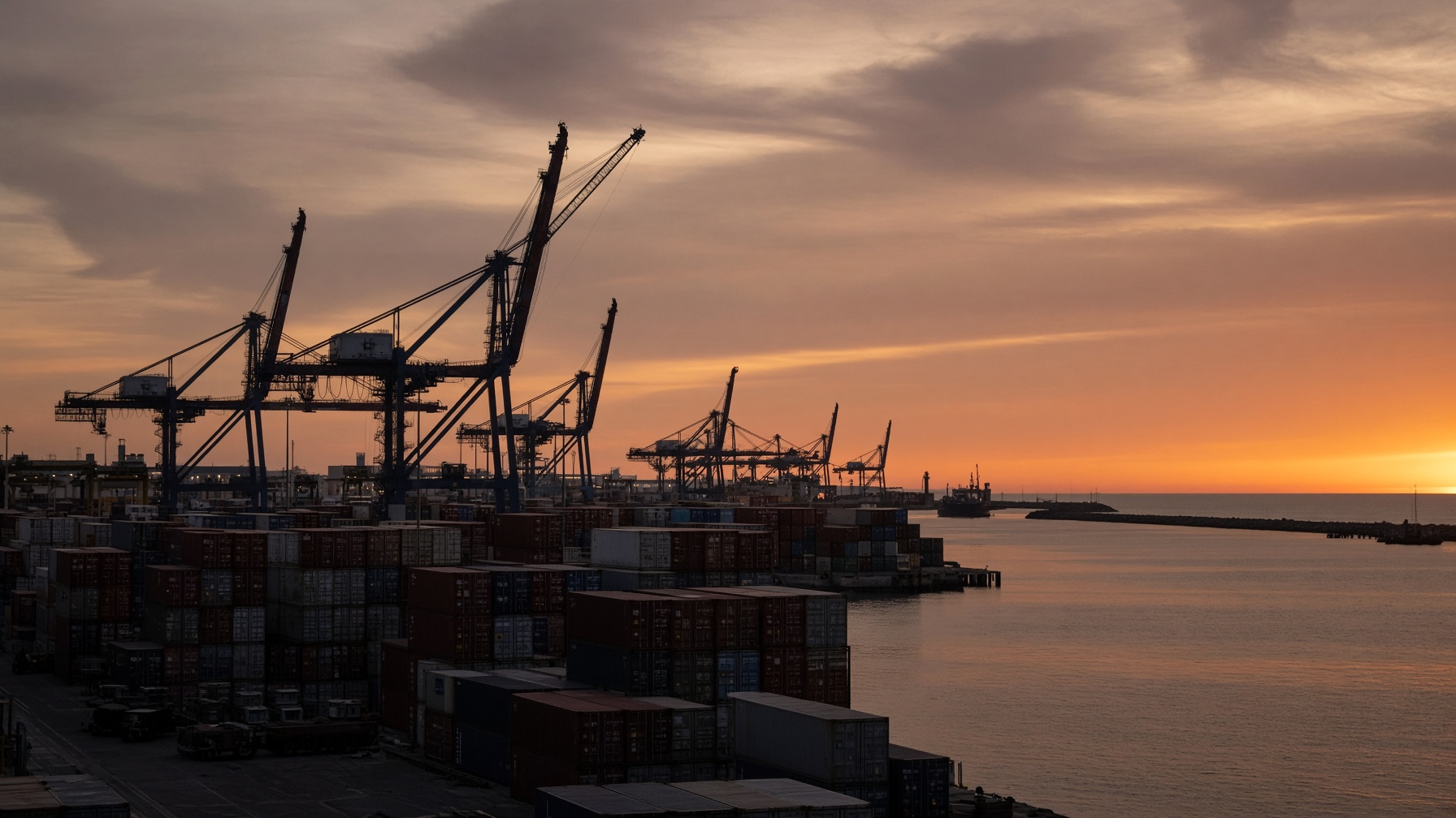 An East African cargo port at dusk, cranes against a warm sky.