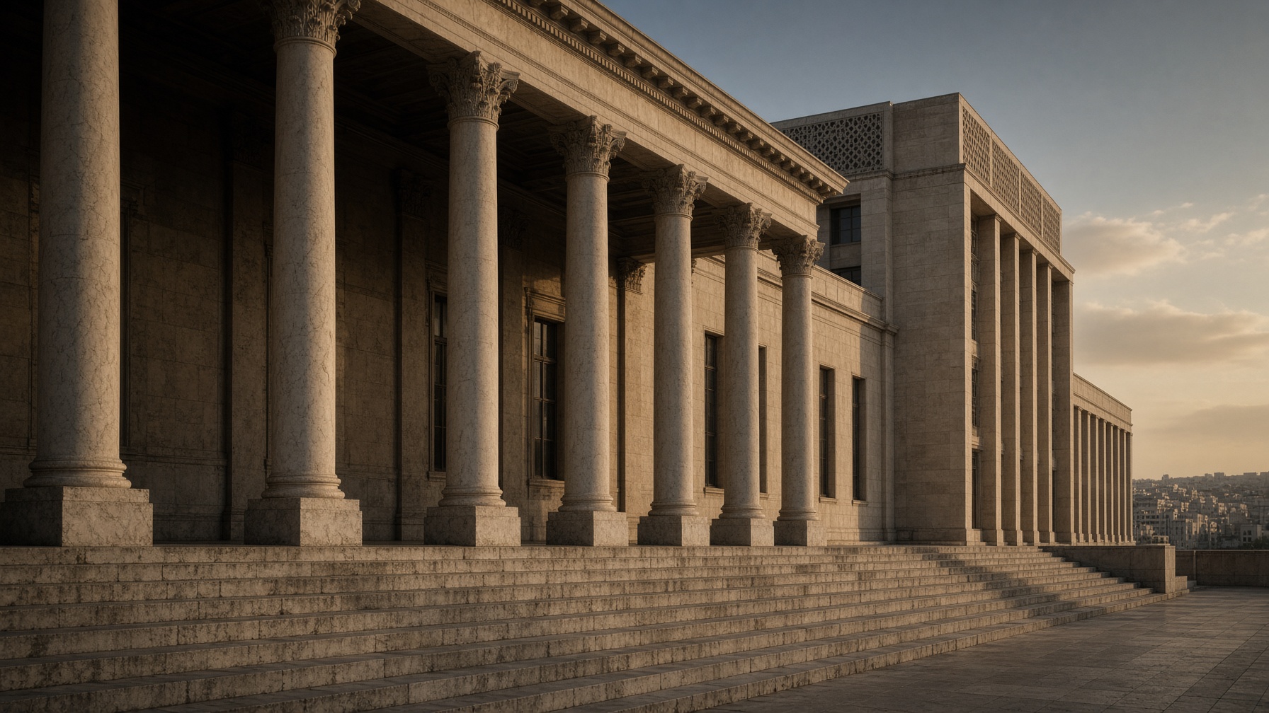 Empty civic colonnade in late-day light, a stand-in for Somalia’s unsettled political architecture.