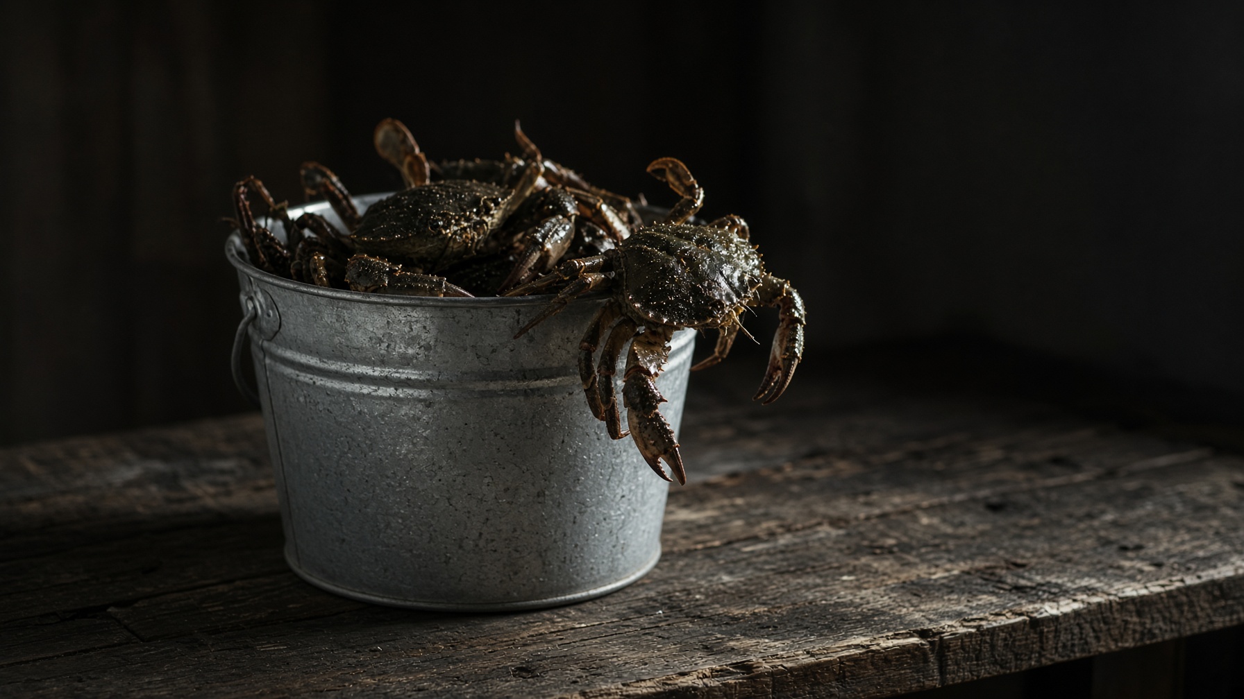 A metal bucket of crabs, one climbing the rim.