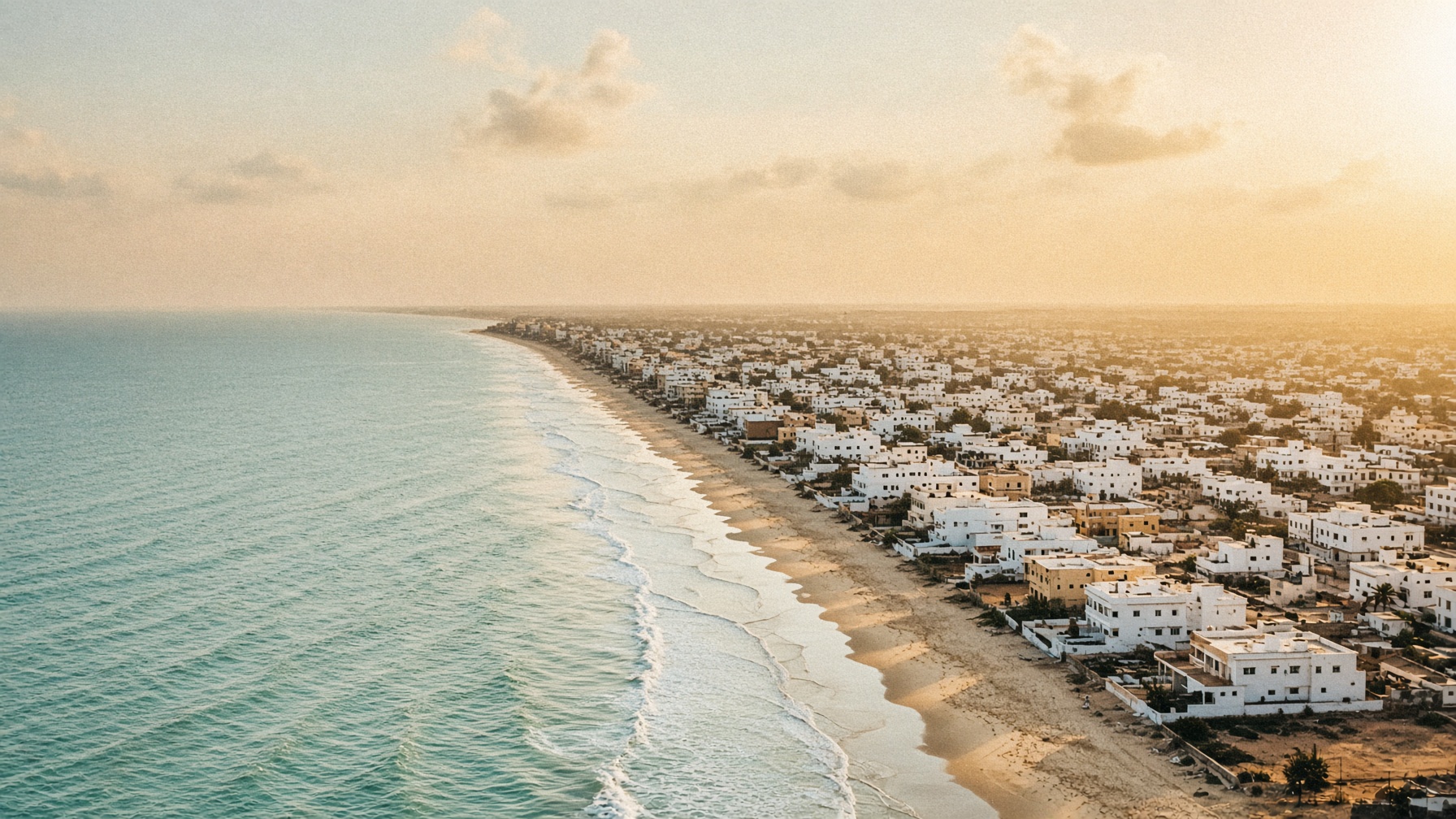 The Mogadishu coastline along the Indian Ocean at golden hour.