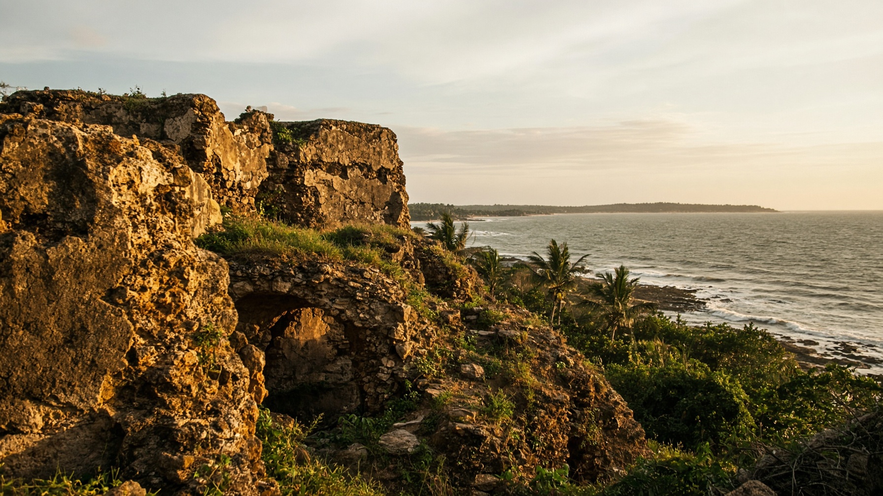 Weathered stone fort ruins on an East African coastline.