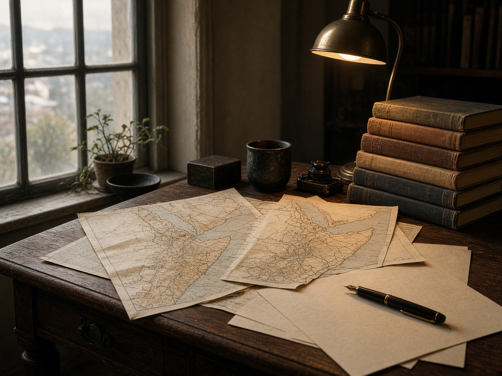 A writer’s desk with maps of the Horn and stacked books.